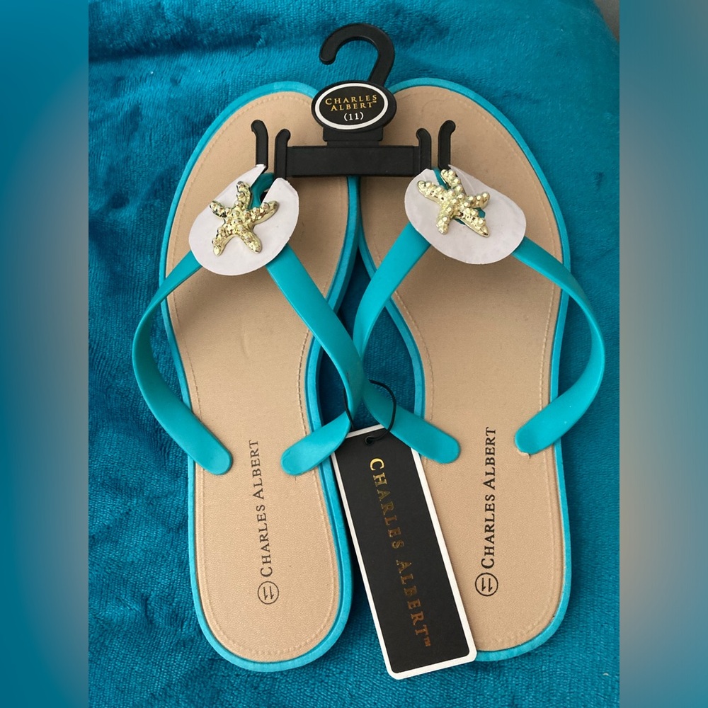 Charles Albert Teal Sandals with Gold Starfish Accents